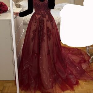 Gorgeous red strapless ballgown dress (Corset back; fits size S-L/4-12)